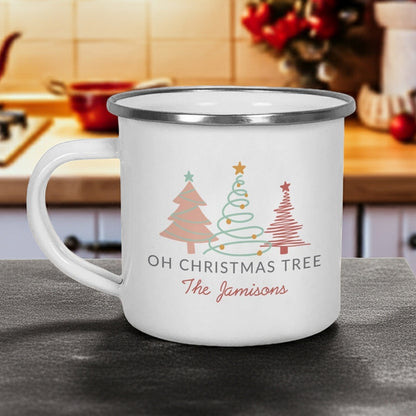 Personalized enamel Christmas mug featuring modern holiday tree designs and customizable name