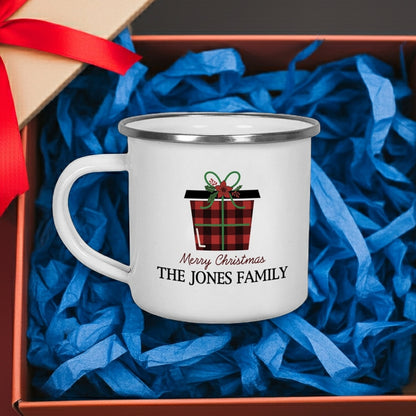 Personalized enamel Christmas mug featuring a plaid gift design and family name