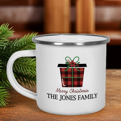 Personalized enamel Christmas mug with plaid wrap present design with Merry Christmas and custom name The Jones Family