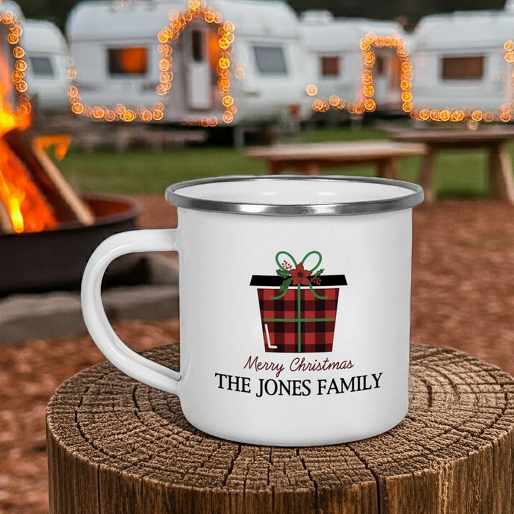 Personalized enamel Christmas mug featuring a festive Christmas gift design and family name