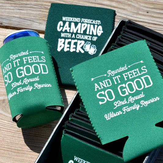 Forest green family reunion can cooler favors personalized with reunited design and 2 lines of custom text in white print on picnic table