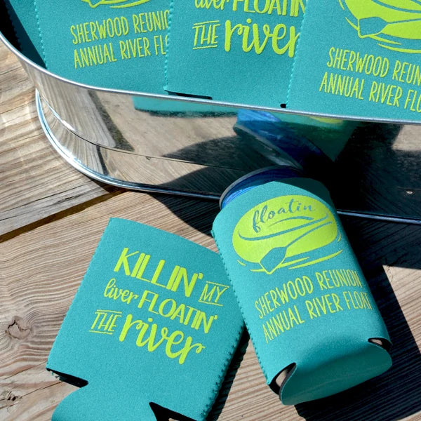 Turquoise color waterproof family reunion can coolers personalized with killin my liver design and custom text in light yelllow print