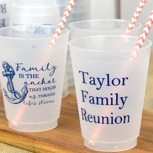 frosted 16 oz. family reunion cups personalized with family is the anchor design on front and 3 lines of custom text on the back in navy print