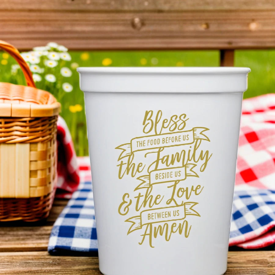 White color stadium cup personalized with bless the family design for family reunion picnic