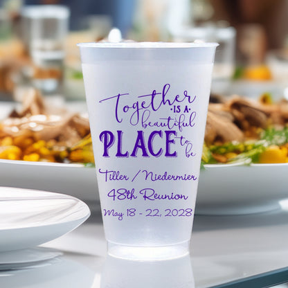 Personalized family reunion cups by Tippytoad with custom purple text for 48th reunion events
