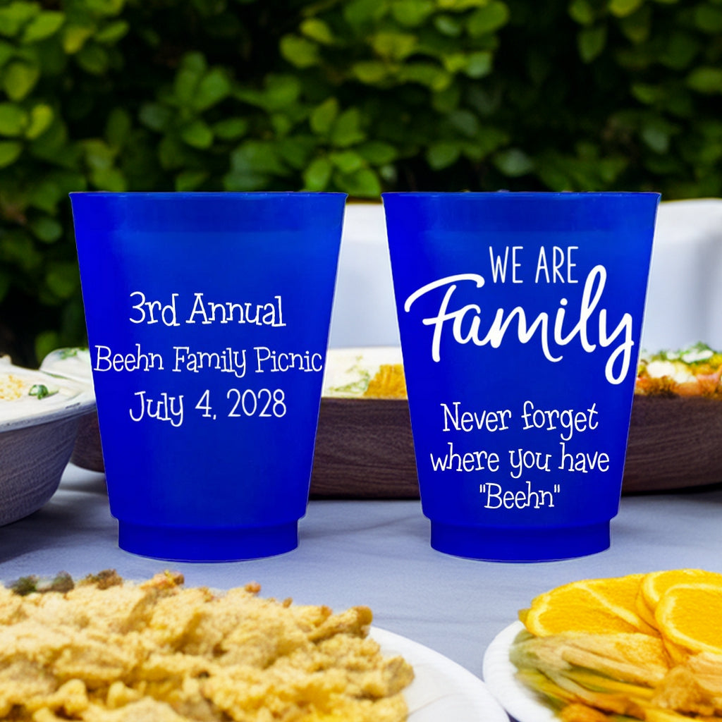 Blue personalized family reunion cups with custom event details and family message for Tippytoad