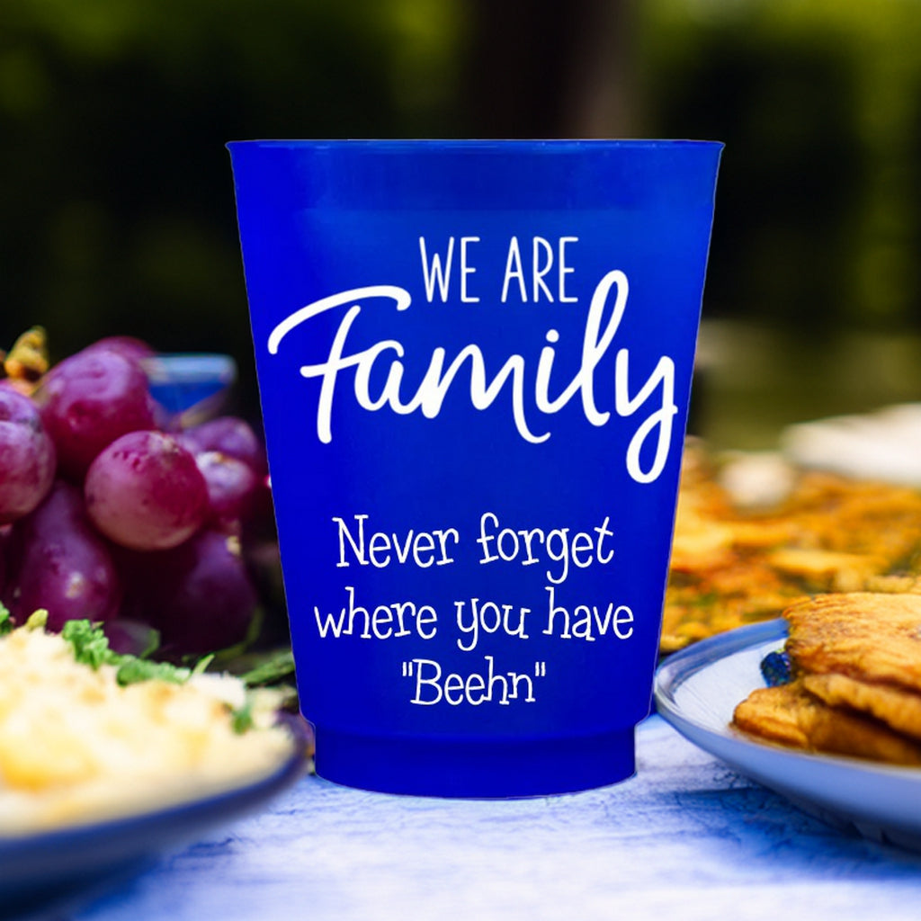 Blue personalized family reunion cups with We Are Family quote for family events