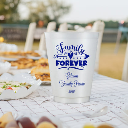 White personalized family reunion cups with blue Family Forever design for Gilman Family Picnic 2028