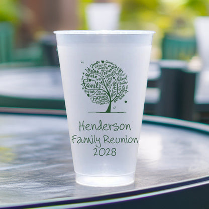Tippytoad personalized family reunion cups featuring green family tree design and custom text Henderson Family Reunion 2028