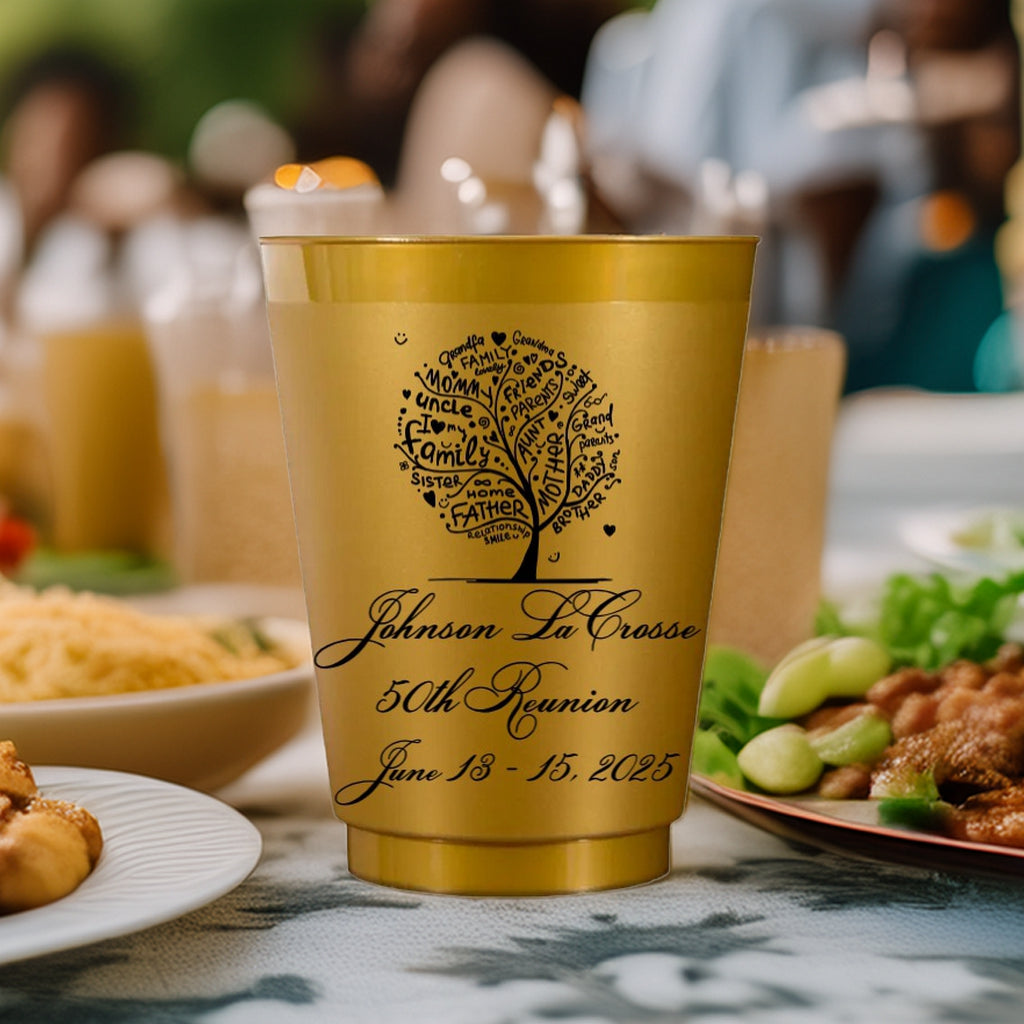 Personalized family reunion cups in gold with custom family tree design and event details