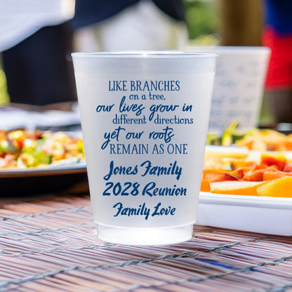 Tippytoad personalized family reunion cups with blue text featuring family-themed reunion message