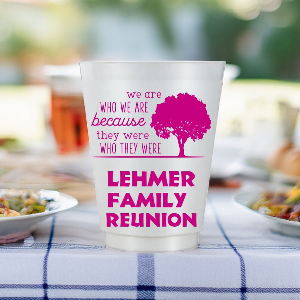 Tippytoad personalized family reunion cups with Lehmer Family Reunion design and tree graphic