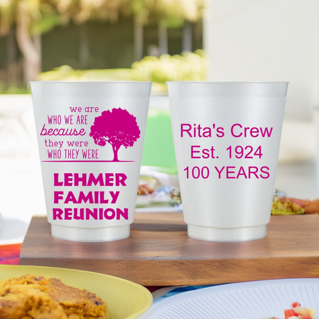 White personalized family reunion cups with pink text and tree design for Lehmer family reunion and Rita's crew