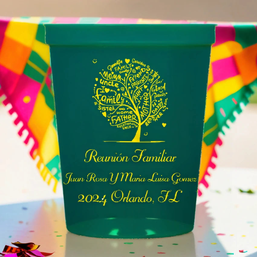 Translucent green family reunion stadium cup personalized with family tree design and 3 lines of text in yellow print