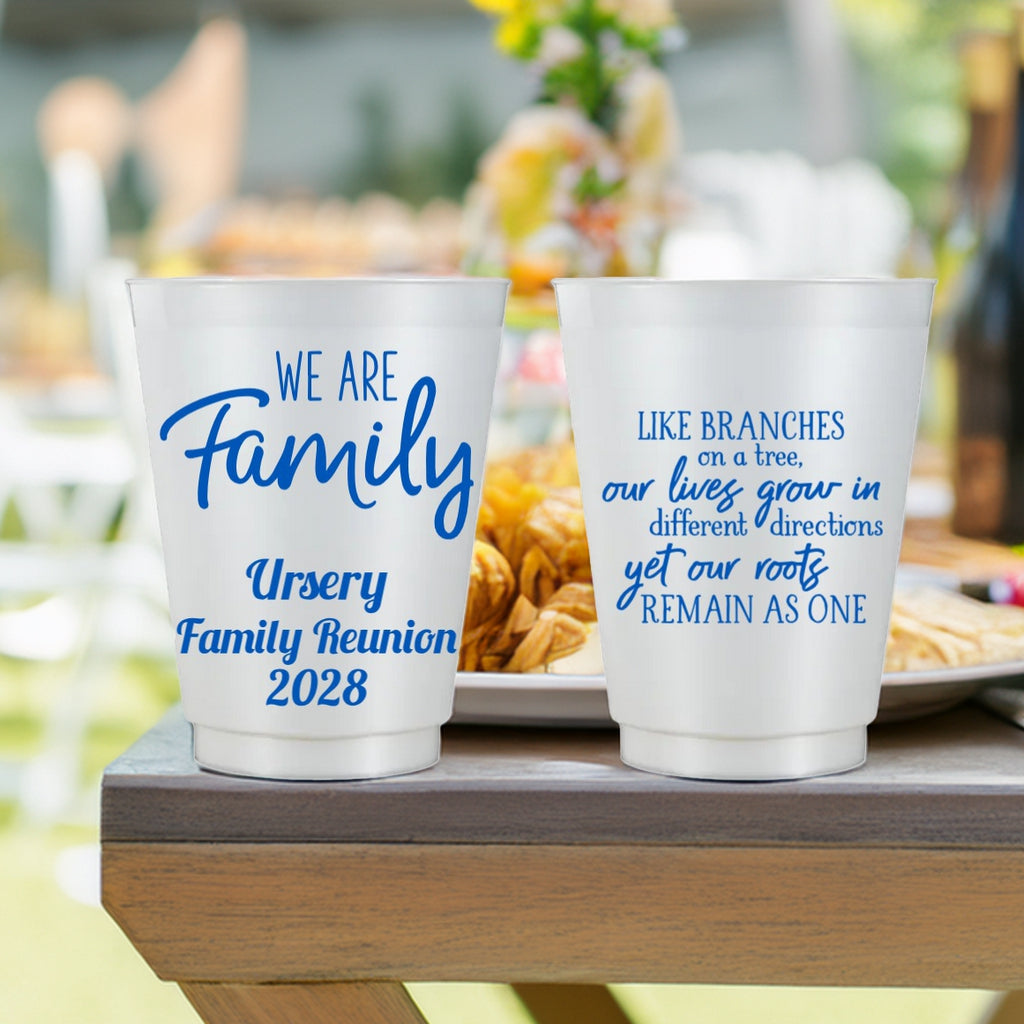 Tippytoad personalized family reunion cups with blue text and family reunion 2028 design