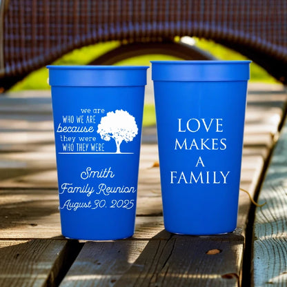 Blue color 32 oz family reunion favor cups personalized with who we are design and 3 lines of text on front side and 4 lines of text on back side in white print