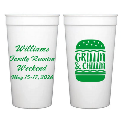 White color jumbo family reunion stadium cup personalized with 4 lines of text on front side and grillin and chillin design on back side in green print