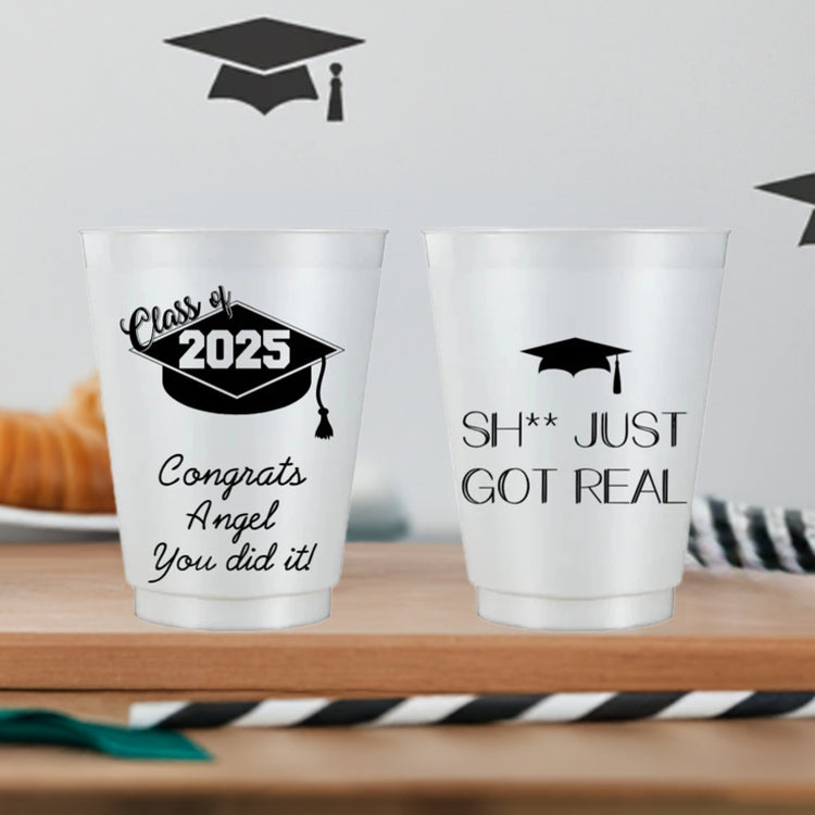 Personalized frosted plastic graduation cups featuring Class of 2025 designs for celebratory parties