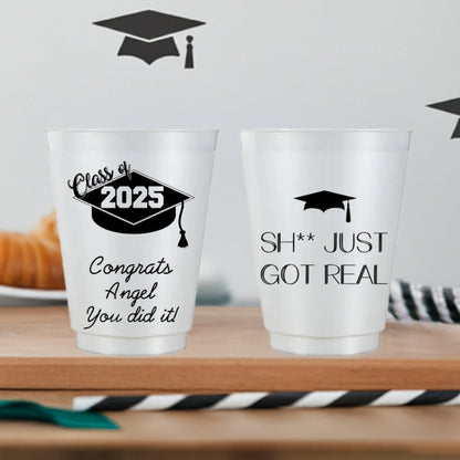 Personalized frosted plastic graduation cups featuring Class of 2025 designs for celebratory parties