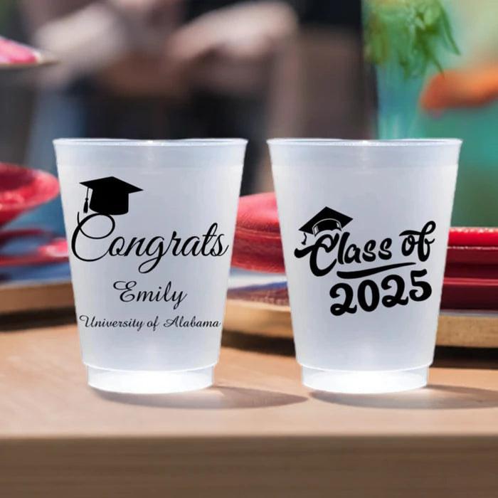 Personalized frosted plastic graduation cups with unique designs for celebrating graduates