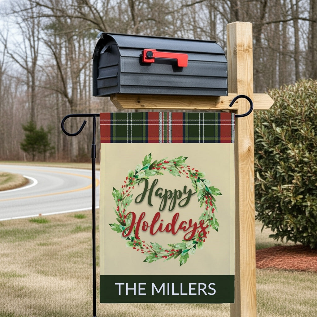 Personalized garden flag featuring a festive holiday wreath design for The Millers