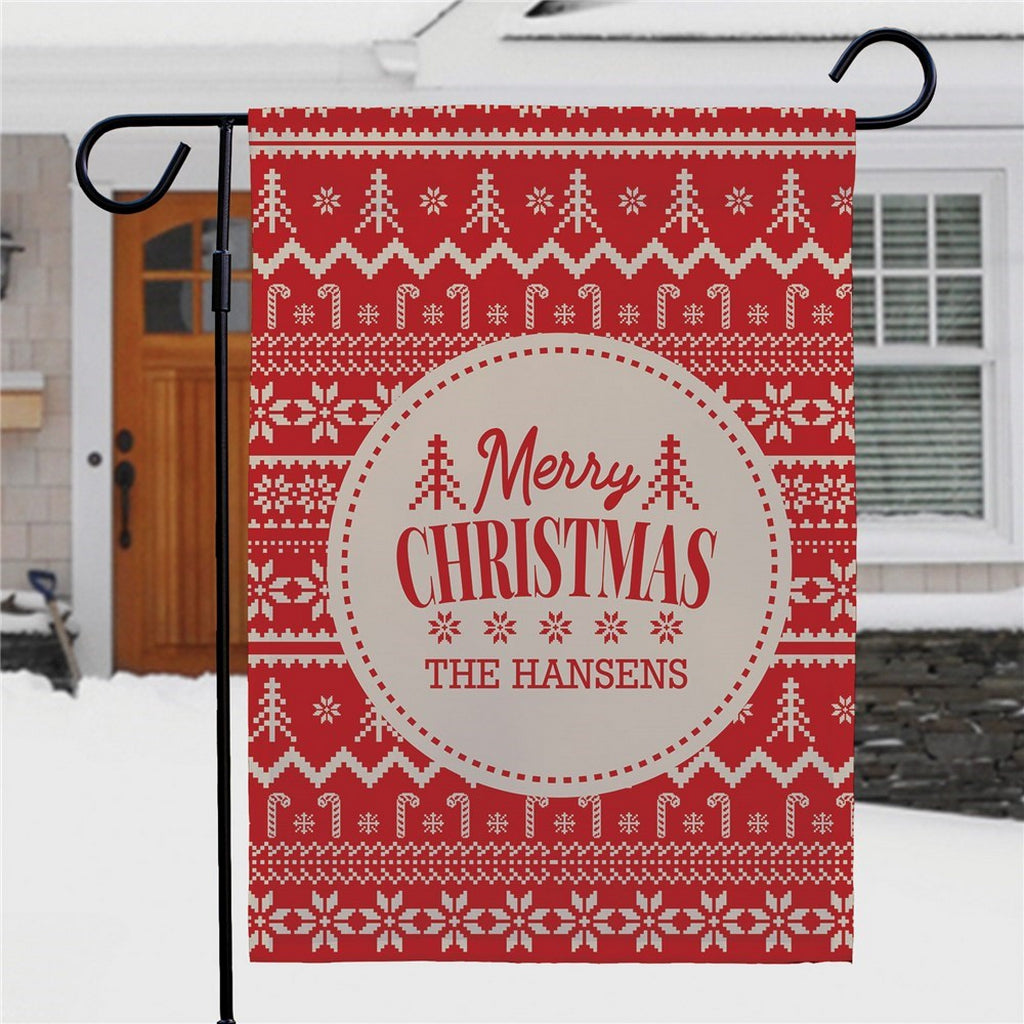 Personalized garden flag featuring a festive Merry Christmas design for holiday decorations