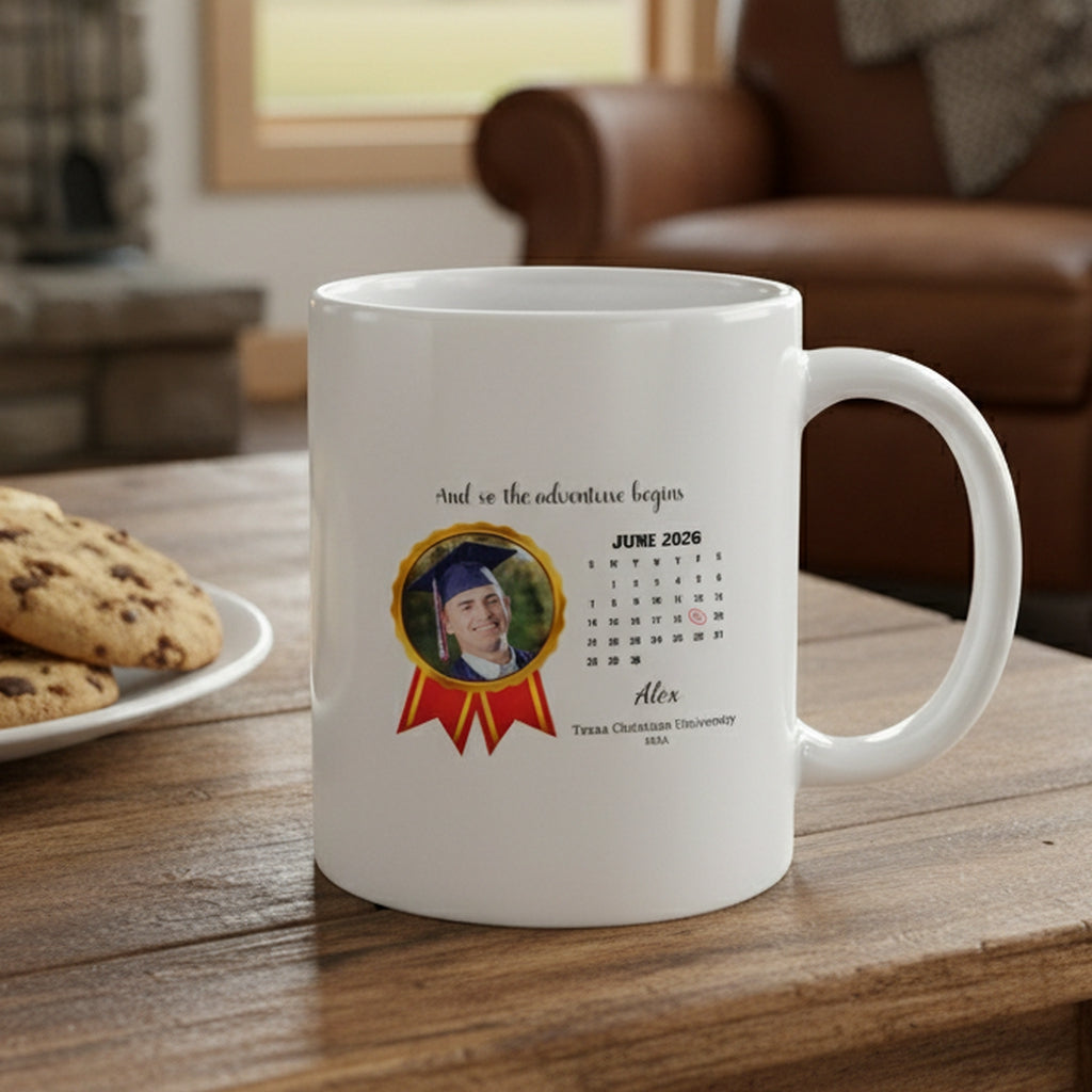 Personalized graduation calendar mug featuring a custom photo and date for graduates