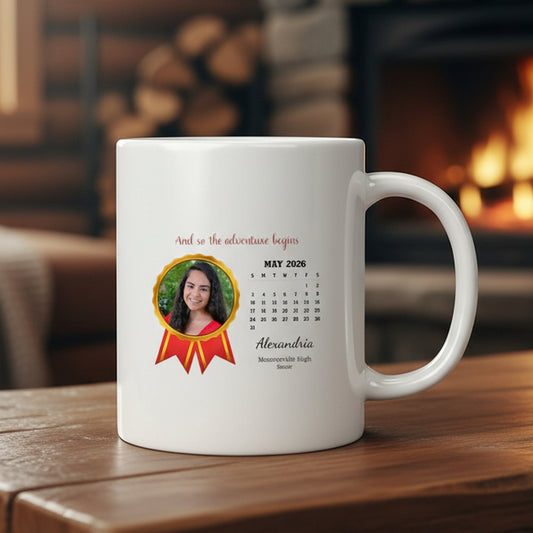 Personalized graduation calendar mug featuring a photo, name, and graduation date for a special celebration