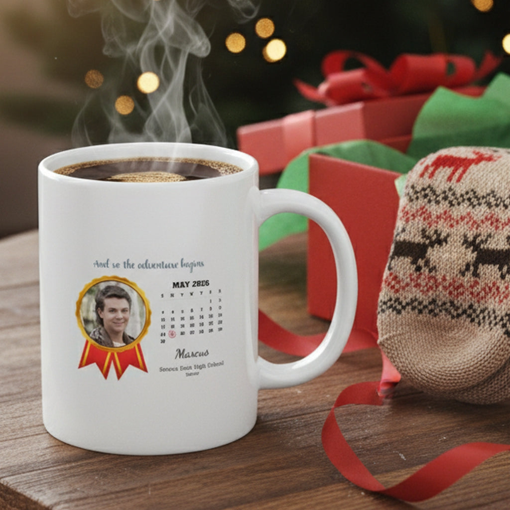 Personalized graduation calendar mug featuring a custom photo and celebratory design for graduates