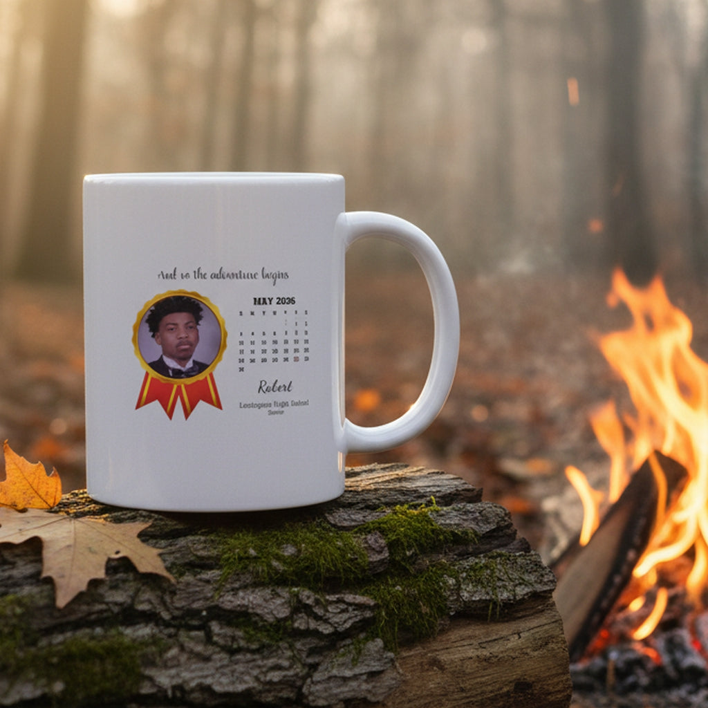Personalized graduation calendar mug featuring a custom photo and graduation date for memorable celebrations