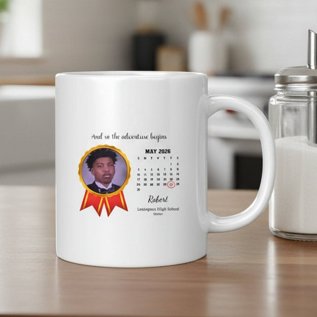 Personalized graduation calendar mug with photo and text for celebrating graduate Robert
