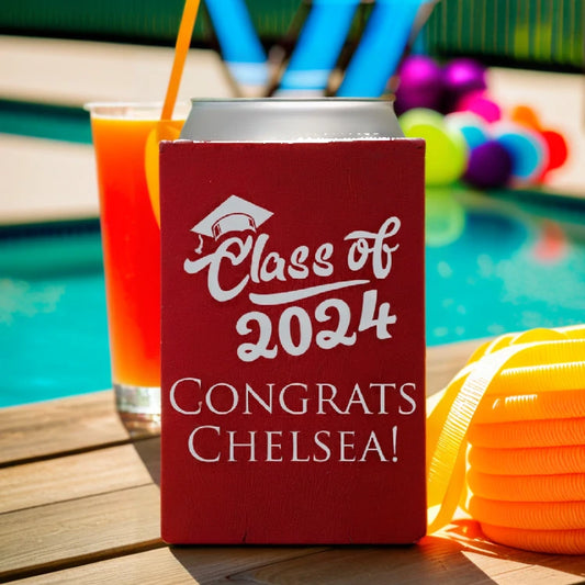 burgundy color graduation can cooler personalized with class of 2024 bold script design and 2 lines of custom text in silver print