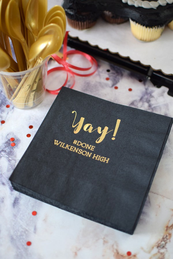 black 6 x 6 paper graduation luncheon napkins personalized with yay design and custom text in gold print