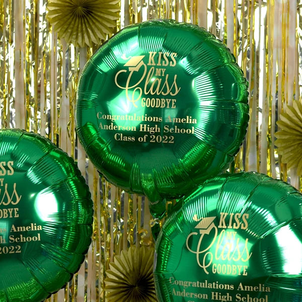 Metallic green round mylar grad party balloons personalized with kiss my class goodbye design and custom text in gold print