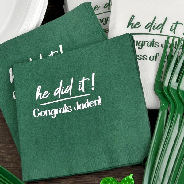 green graduation party beverage napkins personalized with he did it design and graduate name in white print