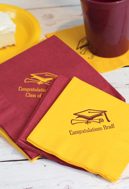 burgundy, yellow luncheon and beverage napkins personalized with graduation cap deisgn and text in burgundy, yellow print