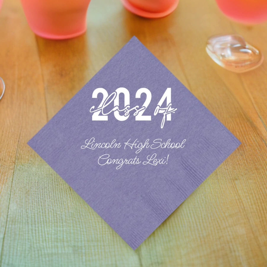 hydrangea beverage napkin personalized for graduation party with 2024 class design and custom text in white print