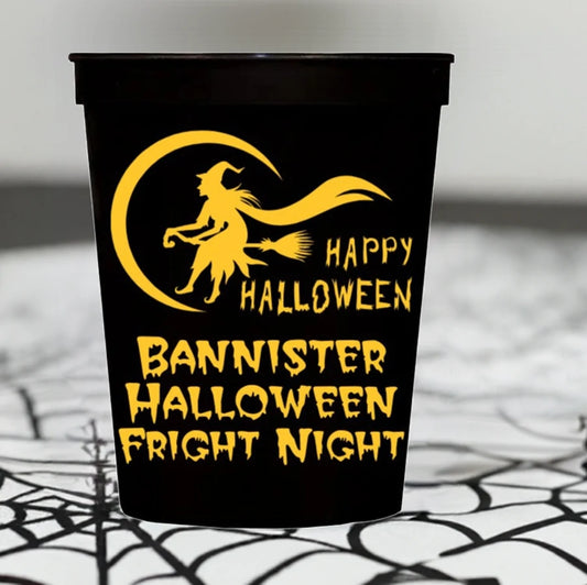 Black Halloween party cup with yellow witch design and personalized halloween cups text Bannister Halloween Fright Night