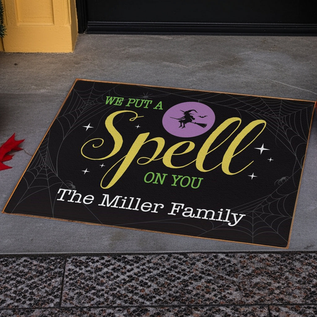 Personalized halloween doormat with witch design and custom family name