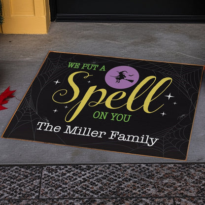 Personalized halloween doormat with witch design and custom family name