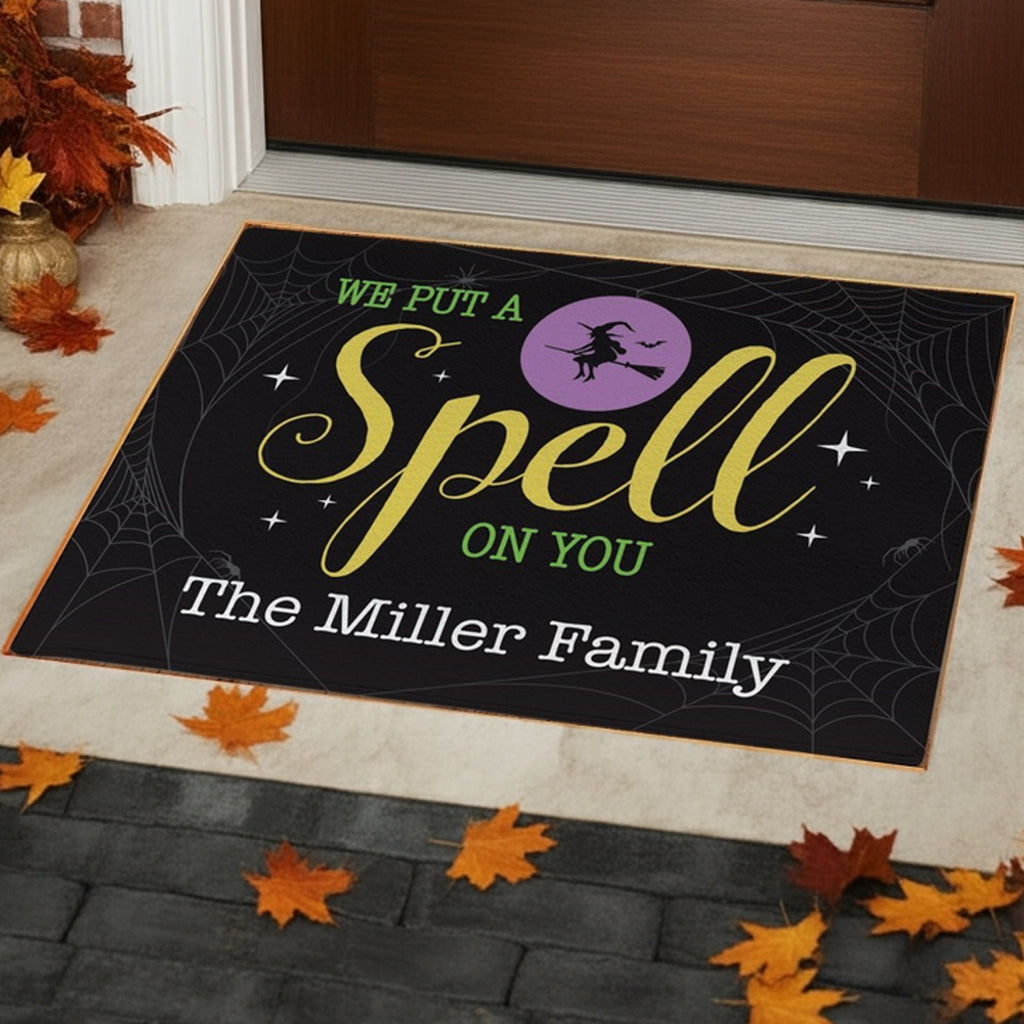 Personalized halloween doormat with spooky witch and family name design
