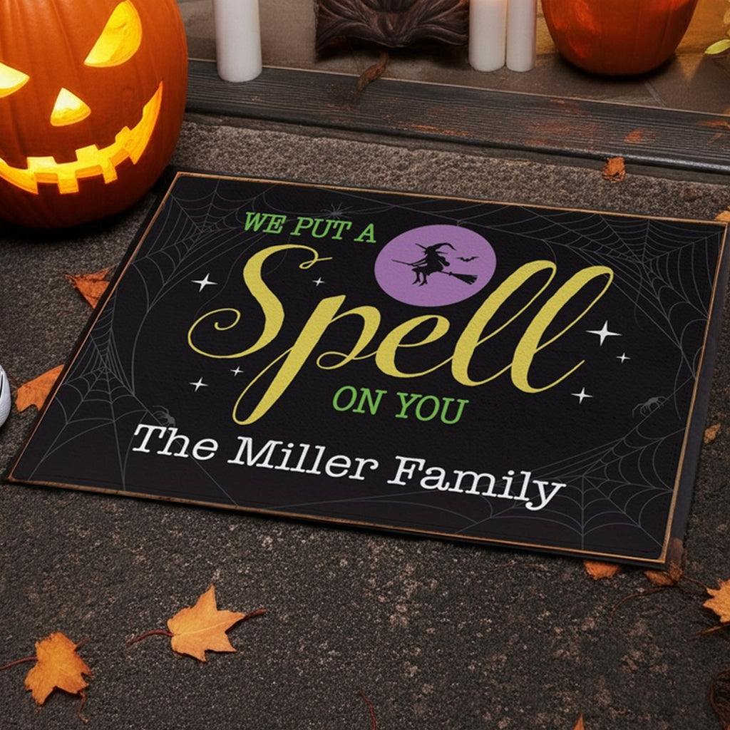 Personalized Halloween doormat with witch design and The Miller Family name
