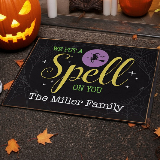 Personalized Halloween doormat with witch design and The Miller Family name