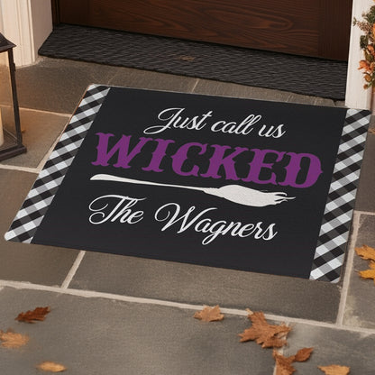 Personalized halloween doormat with black and white checkered border and purple wicked text