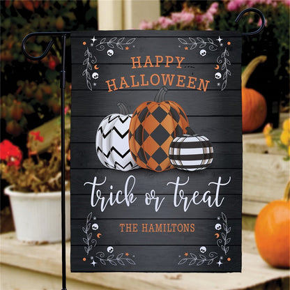 Halloween garden flag custom printed with three patterned pumpkins Happy Halloween text