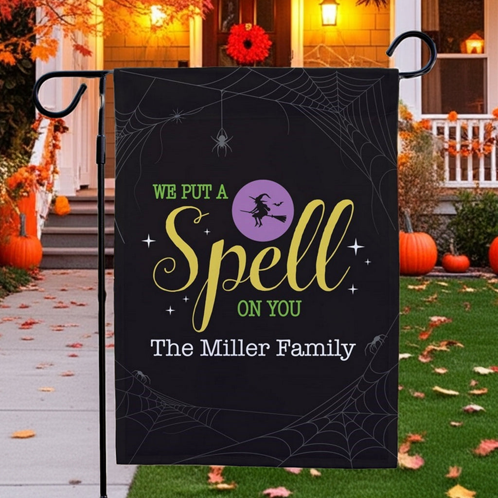 Personalized Halloween garden flag black with We Put a Spell on You text witch silhouette purple moon spider webs
