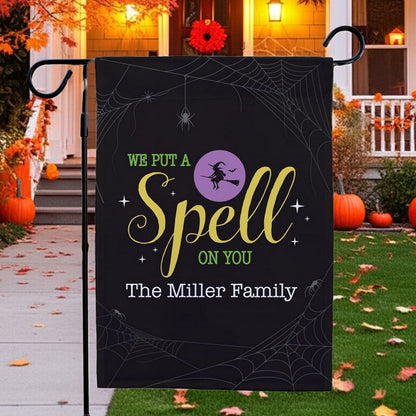 Personalized Halloween garden flag black with We Put a Spell on You text witch silhouette purple moon spider webs