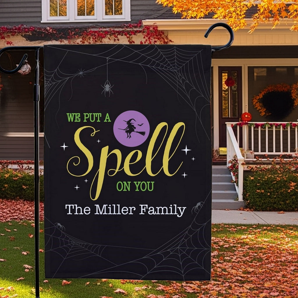 Personalized Halloween garden flag black with witch silhouette spell spiderwebs and The Miller Family name