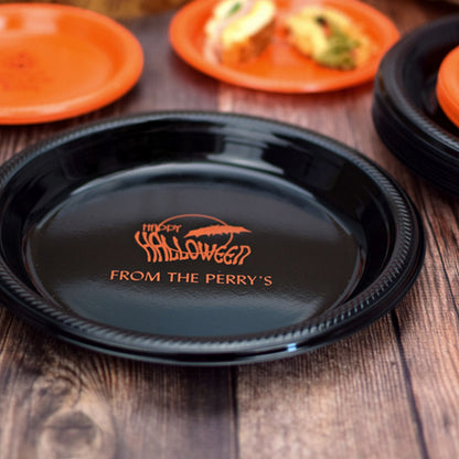 Tippytoad personalized 10 inch plastic halloween dinner plates black plate with orange Happy Halloween text