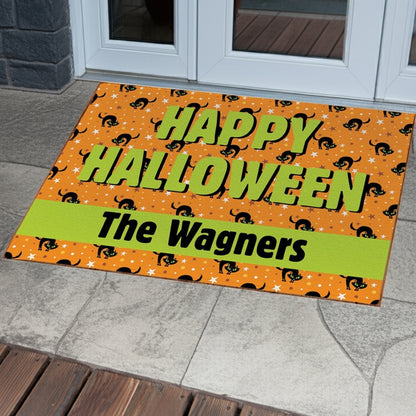 Personalized happy halloween doormat with black cats and custom family name